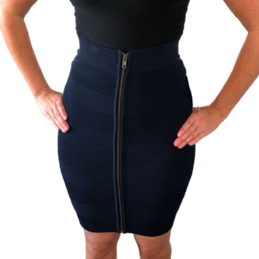 French Connection Navy Blue Zip Front Bodycon Bandage Skirt